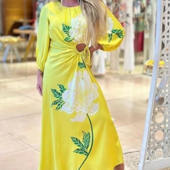 FARM Rio Dresses & Skirts - FARM RIO Rare Roseli Galego Yellow Floral Long Sleeves Midi Dress XS $290